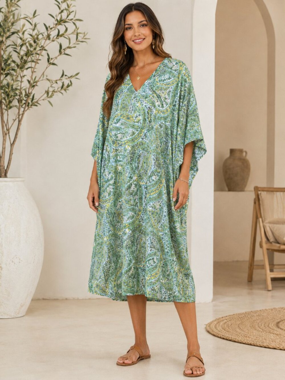 Green Paisley Satin Shirt Dress V Neck Size M/L